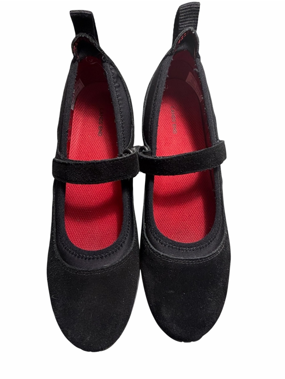 Lands' End Black Suede  Mary Jane Flats with Red Insole Womens 8